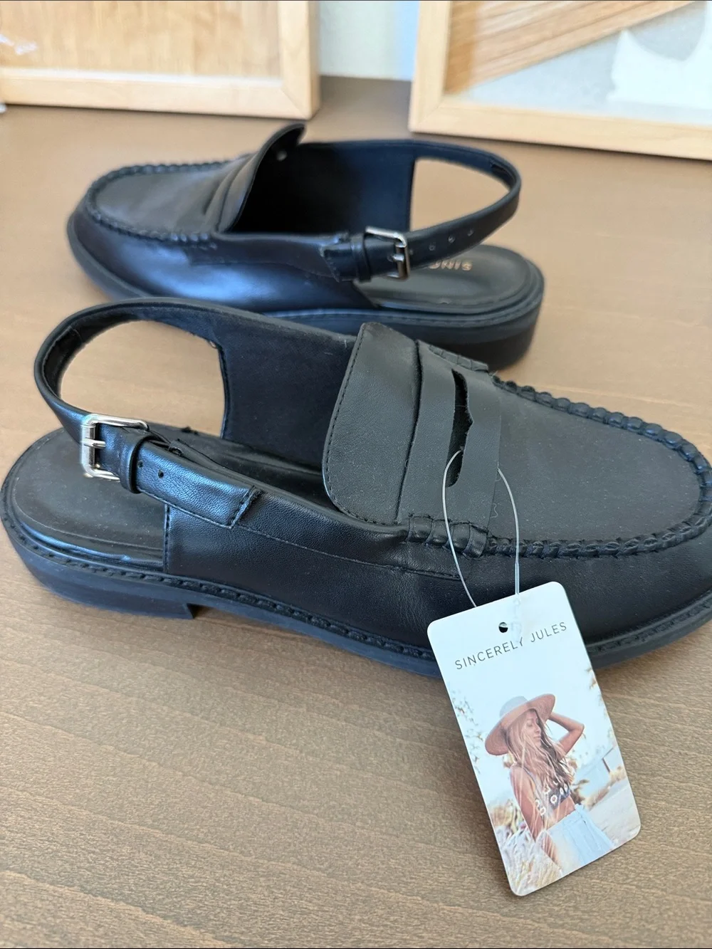 NWT Sincerely Jules Black Leather Slingback Penny Loafers